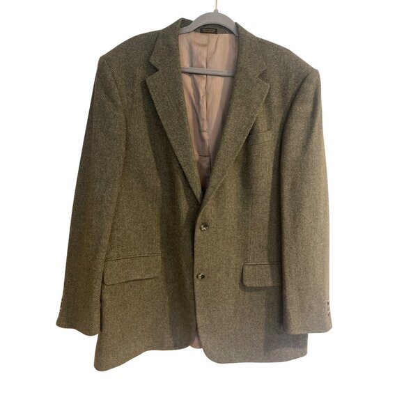 Oscar De La Renta green herring bone lams wool blazer sz 46L single vent 2 butto - Picture 1 of 11